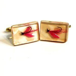 Vintage Hickok Fly Fishing Cufflinks Gold-Tone Rectangular Red Feather Accents